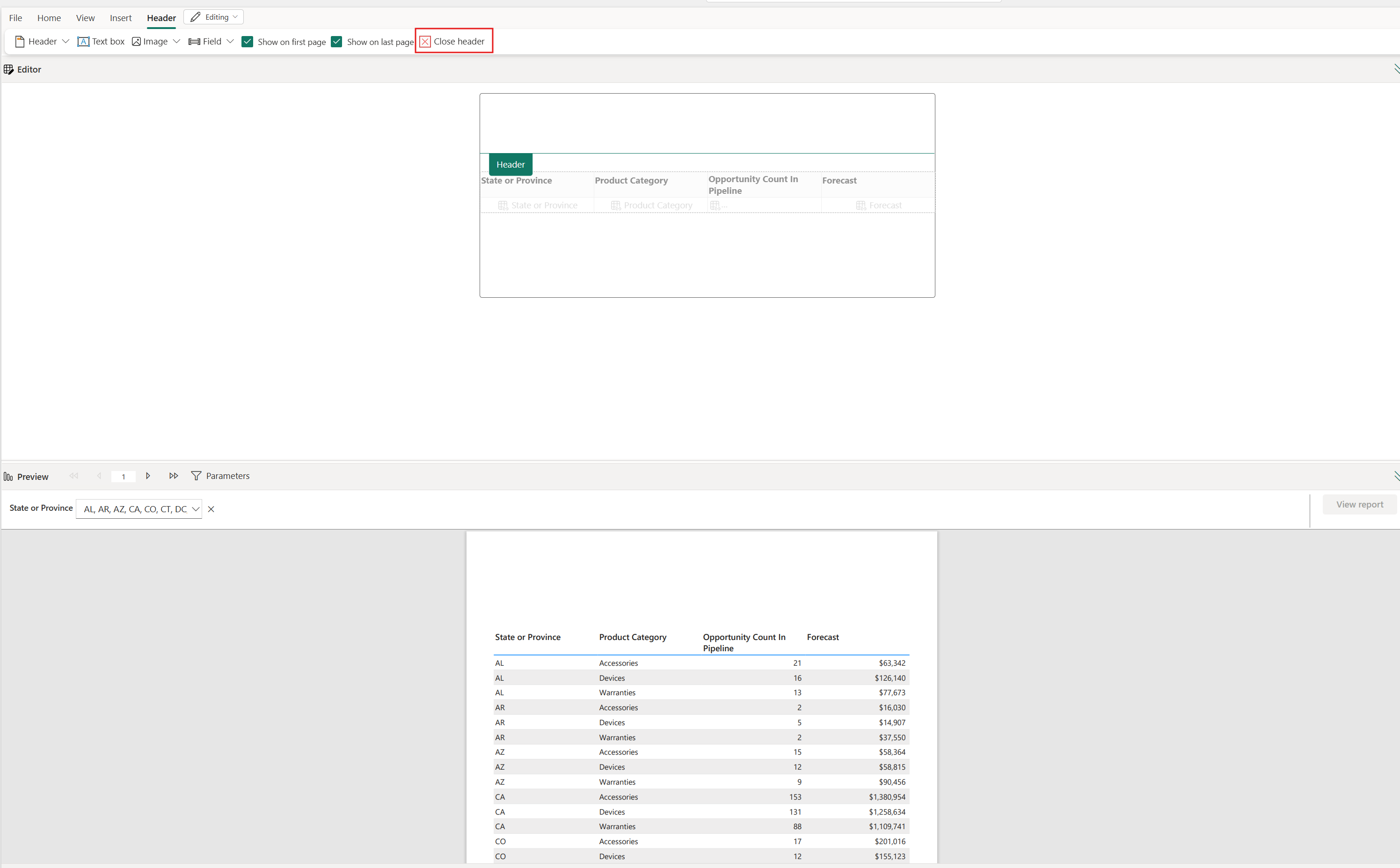 Capture d’écran des options de fermeture de pied de page et d’en-tête.