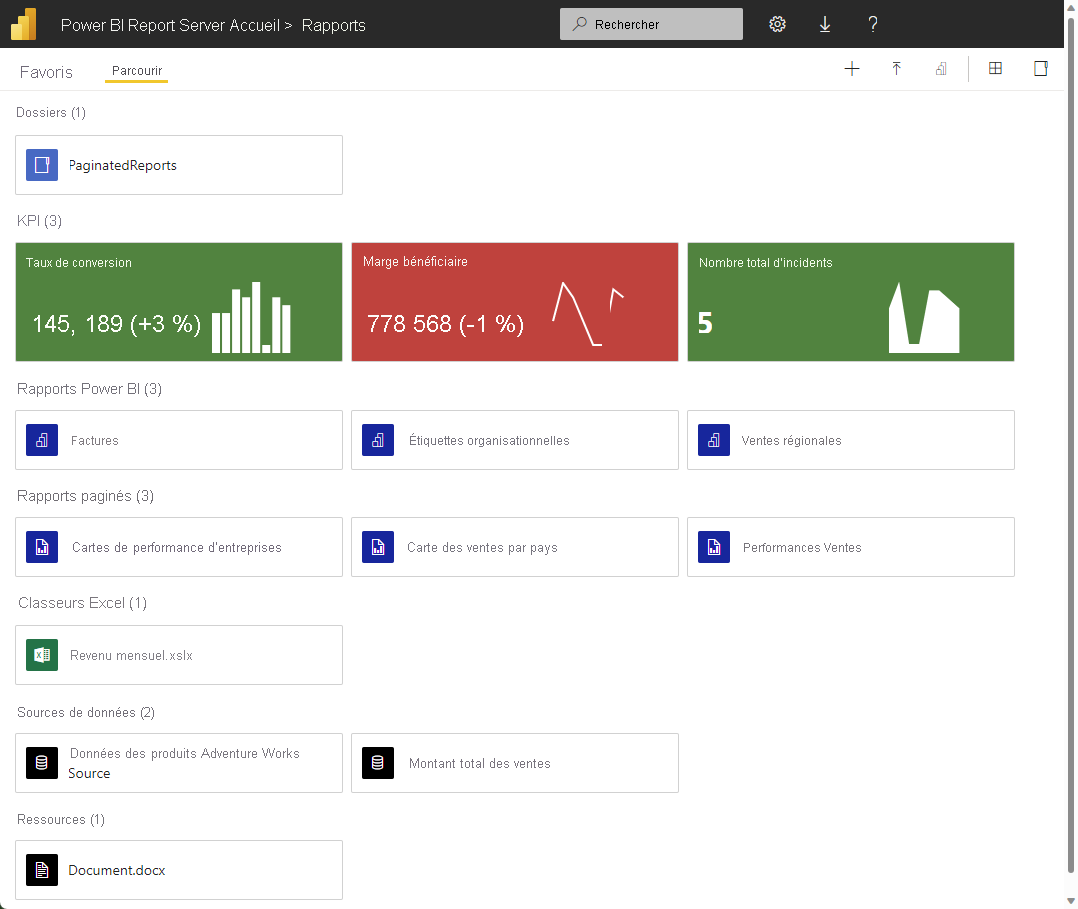 Capture d’écran montrant le portail web Power BI Report Server actualisé.