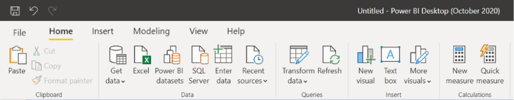 Capture d’écran du nouveau ruban dans Power BI Desktop pour Power BI Report Server.