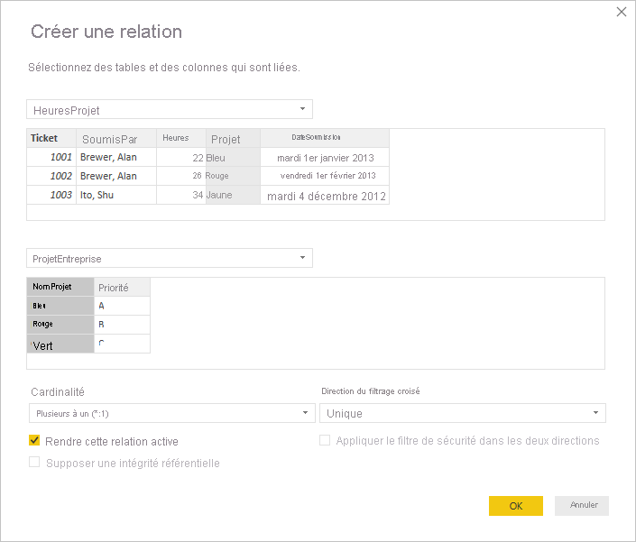 Capture d’écran de la boîte de dialogue Créer une relation.