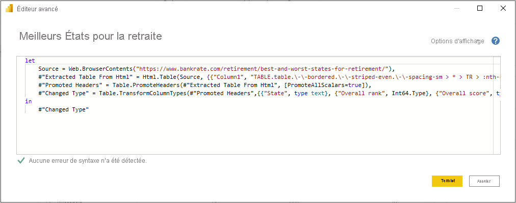 Screenshot of Power BI Desktop showing the Advanced Editor dialog box.