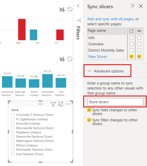 Screenshot of entering a group name in the Advanced section of the Sync slicers pane.