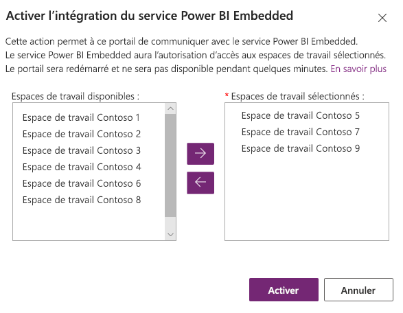 Sélectionner des espaces de travail Power BI.