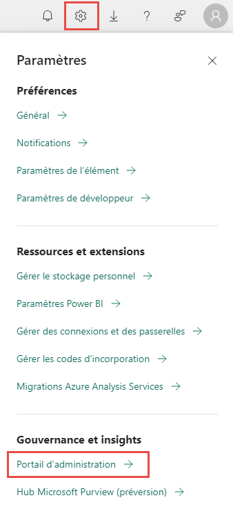 Sélectionner le portail d’administration dans le service Power BI.