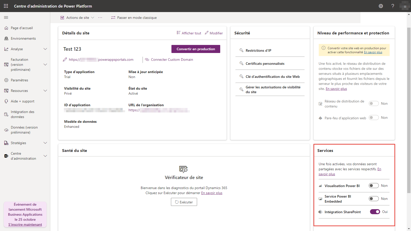 La section des services des options de gestion des sites Power Pages dans le centre d’administration Power Platform.