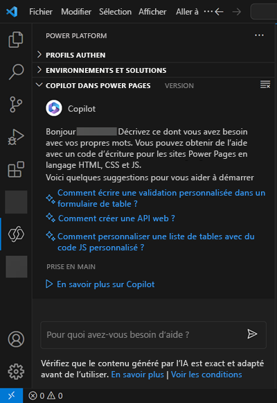 Visual Studio Code avec Copilot dans Power Pages.