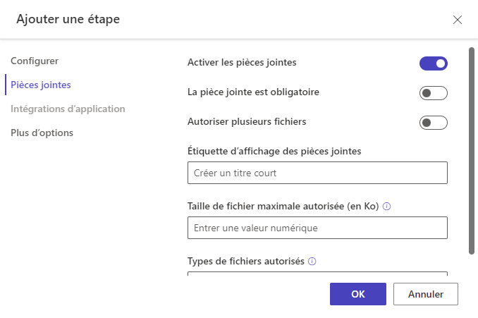 Capture d’écran des options du menu Ajouter une étape avec Activer les pièces jointes sélectionnée dans les options Pièces jointes.