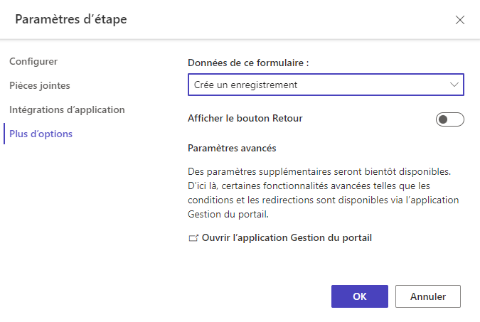 Capture d’écran de configurer plus d’options.