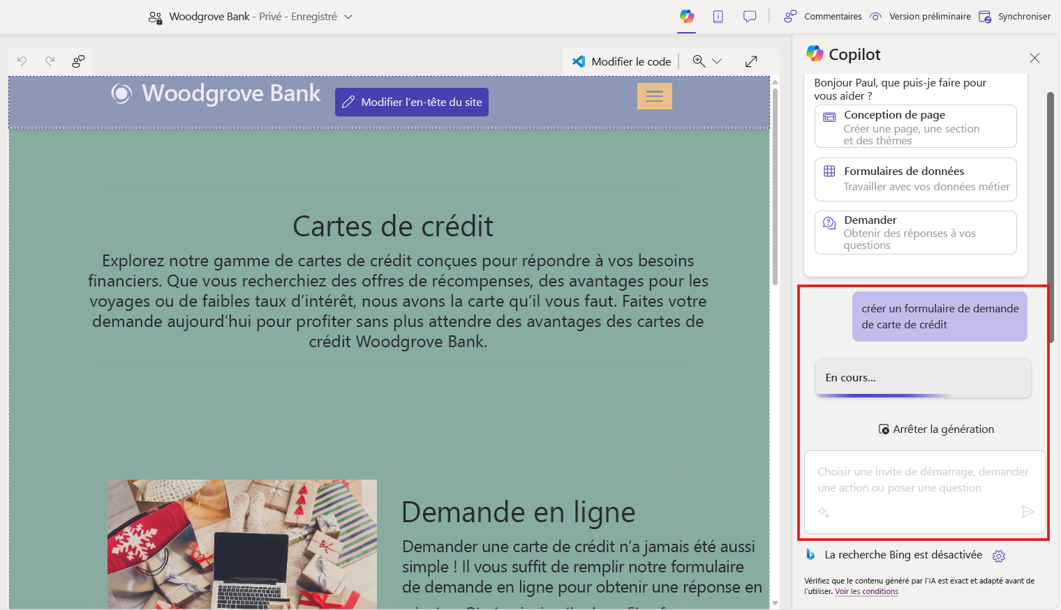 Une capture d’écran de Power Pages Copilot dans le studio de conception avec la zone du texte d’invite mise en évidence.