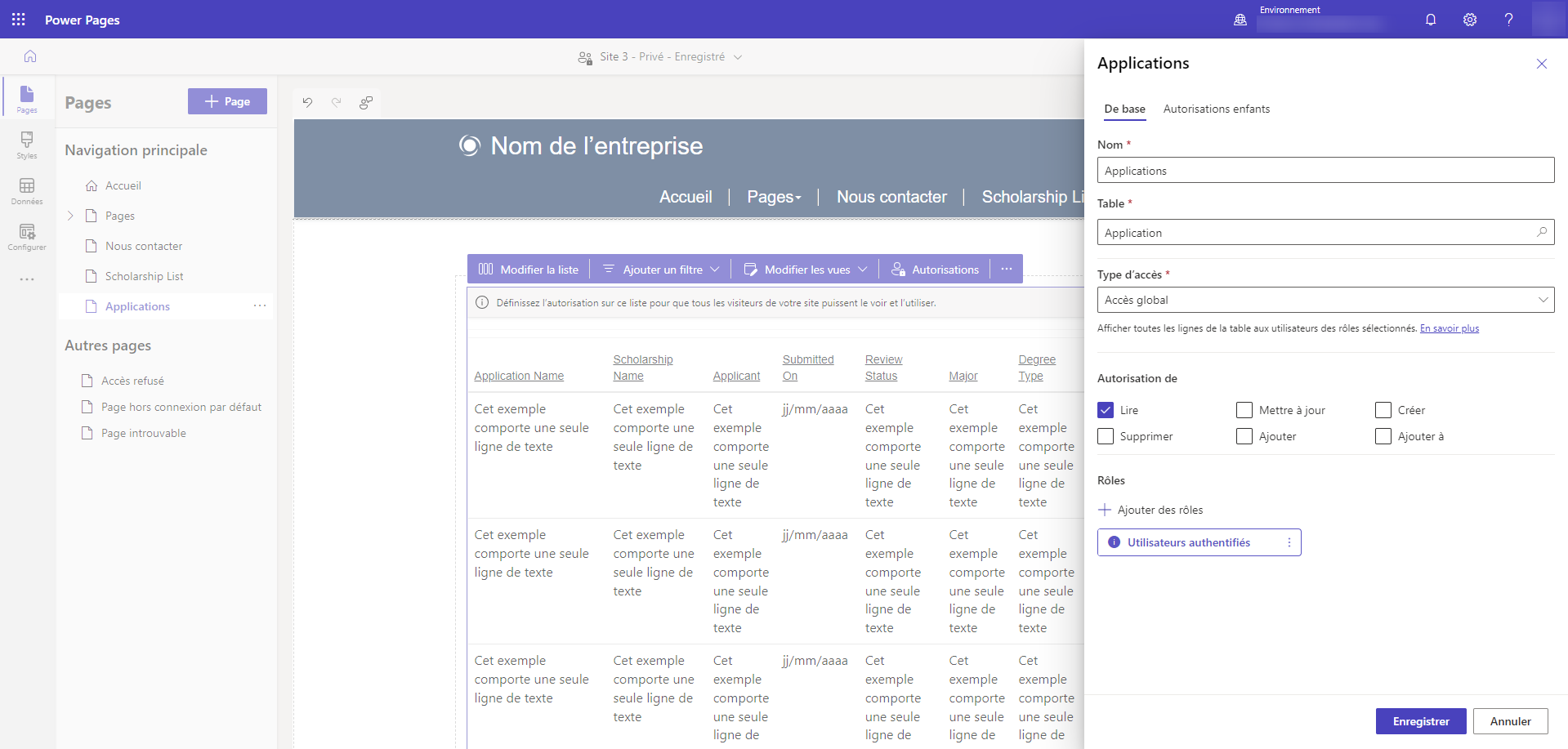 Créer une autorisation de table avec une recherche dans la table des contacts.