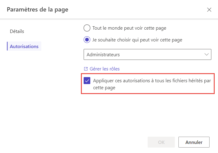 Capture d’écran des autorisations de page, avec le paramètre Hériter les autorisations sur les fichiers en surbrillance.
