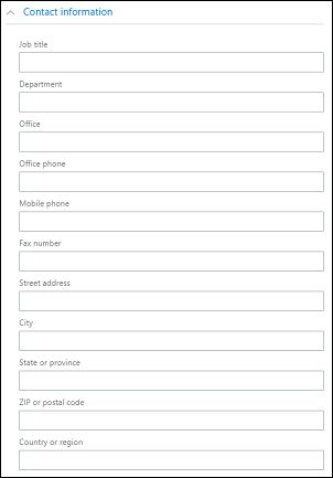 Poste, Service, Bureau, Téléphone professionnel, Téléphone portable, Numéro de fax, Adresse postale, Ville, Département ou province, Code postal, Pays ou région.