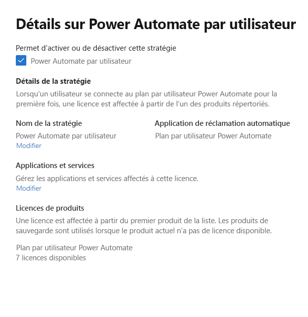 Capture d’écran de la configuration de la stratégie de réclamation automatique pour Power Automate.