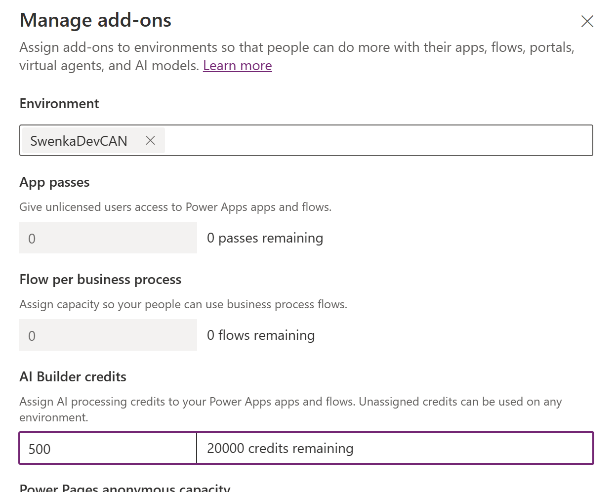 Sélectionnez un environnement et passez en revue tous les différents modules complémentaires que vous pouvez attribuer.