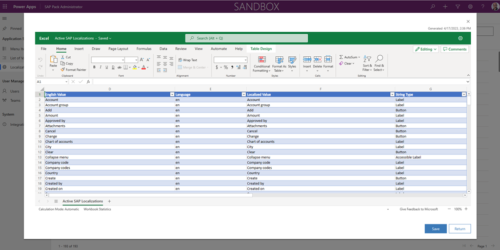 Exporter les localisations de chaîne SAP vers Excel.