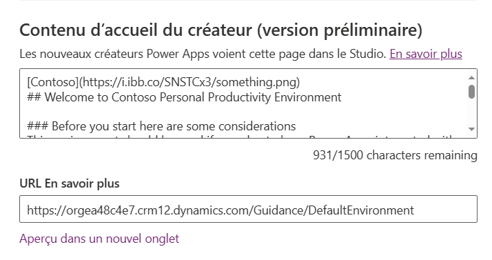 Capture d’écran des paramètres du contenu de bienvenue pour les créateurs dans Power Apps.