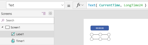 Écran contenant un contrôle d’étiquette avec la propriété Text définie sur Text( CurrentTime, LongTime24).