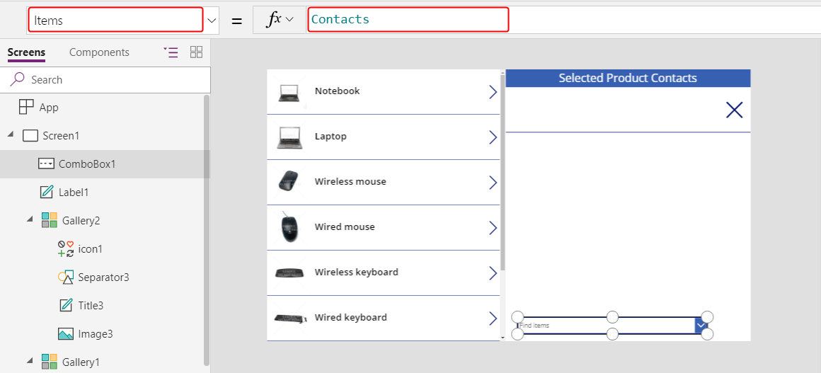 Configurer la propriété Items de la zone de liste déroulante.