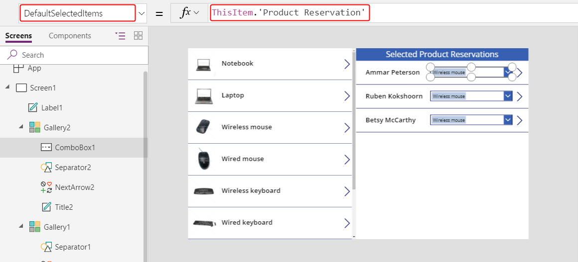 Définir DefaultSelectedItems pour ReserveCombo.