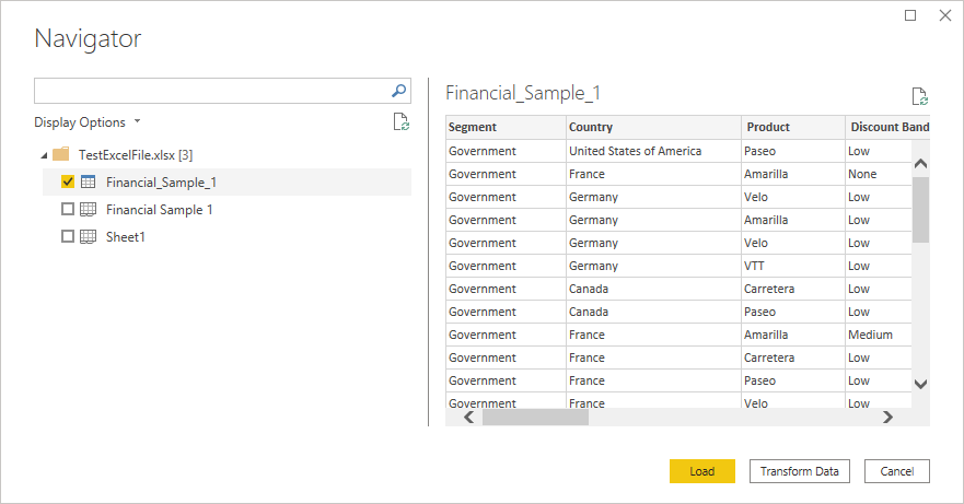 Classeur Excel importé dans le Navigateur Power Query Desktop.