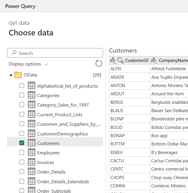 Capture d’écran du dialogue navigateur de Power Query, avec la table Clients sélectionnée.