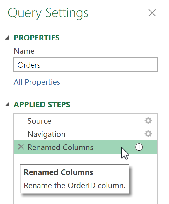 Capture d'écran du volet Paramètres de requête avec l'icône de description et le curseur pointant sur une étape pour afficher le nom de l'étape et la description de l'étape dans Power Query Desktop.