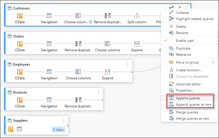 Options Ajouter des requêtes dans le menu contextuel de la requête.