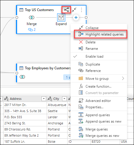 Boutons Mettre en évidence les requêtes associées en haut de la requête Top US Customers (Principaux clients aux USA) et dans le menu contextuel.