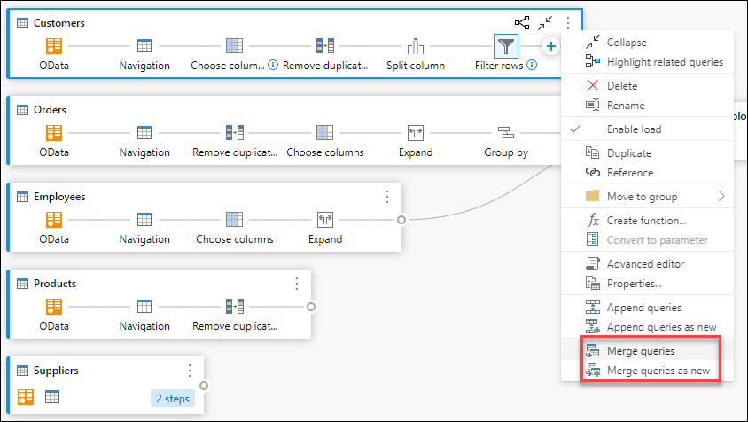 Options Fusionner des requêtes dans le menu contextuel de la requête.