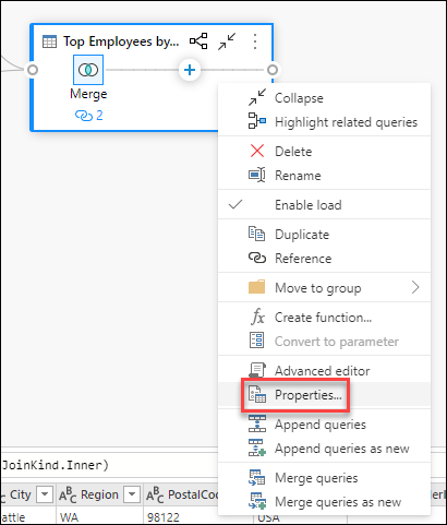 Option Propriétés dans le menu contextuel de la requête.