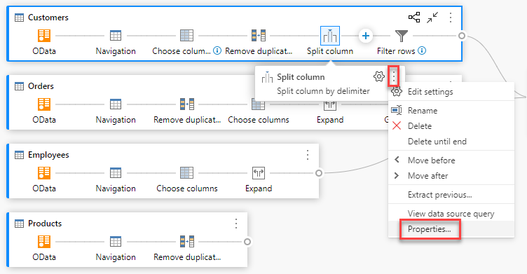 Option Propriétés dans le menu contextuel au niveau de l’étape après la sélection du bouton avec les points de suspension.