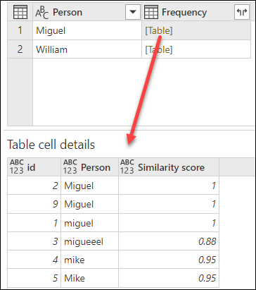 Capture d’écran de l’exemple de table finale de regroupement probable avec une table de transformation.