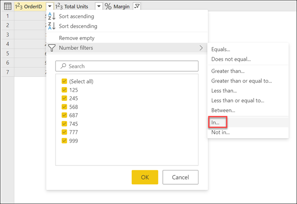 Option Dans du sous-menu Filtres de numéro pour la colonne OrderID.