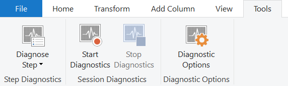 Capture d’écran des fonctionnalités de diagnostic de requête, sous le ruban Outils Power Query.