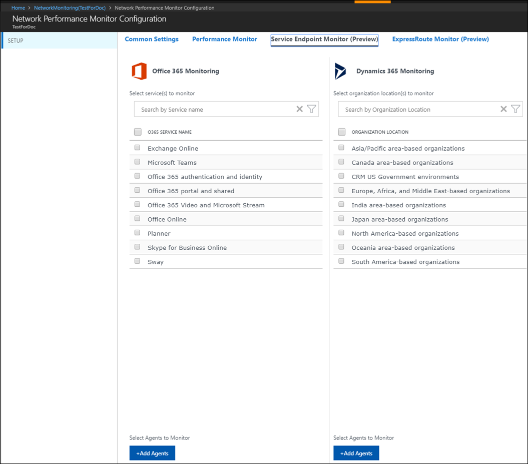 Vue Moniteur de connectivité de service