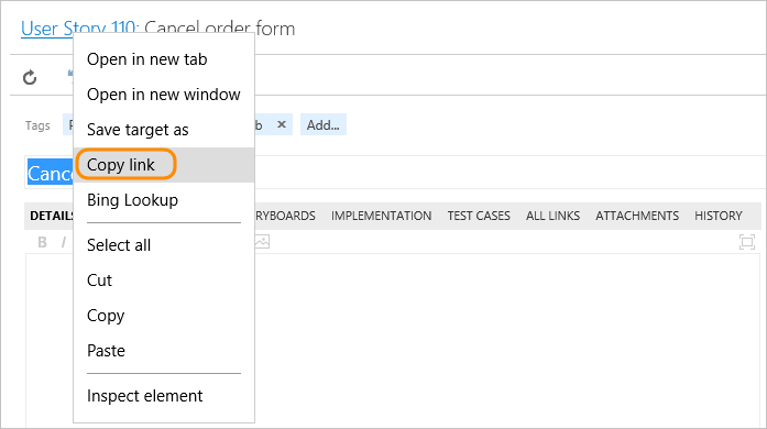 Copy hyperlink for a work item from web portal for TFS item