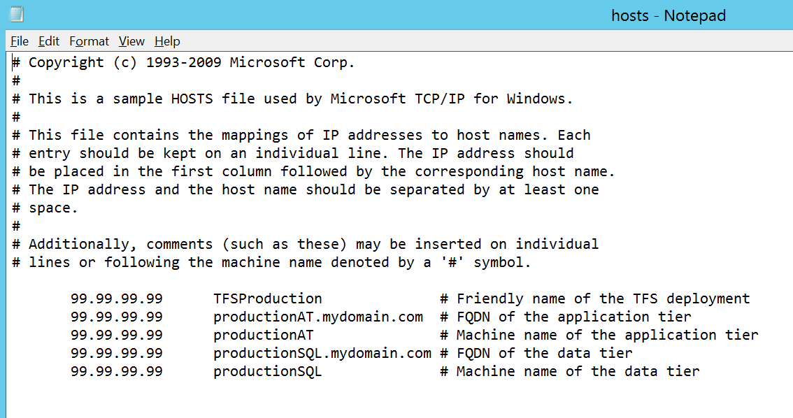 Example hosts file redirection of AT and DT