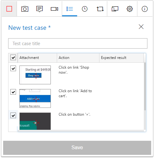 The actions for the new test case