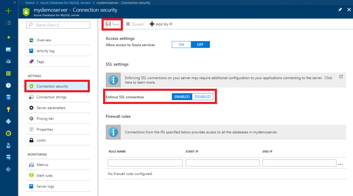 Application de connexions SSL dans Azure Database pour MySQL : capture d'écran du portail Azure