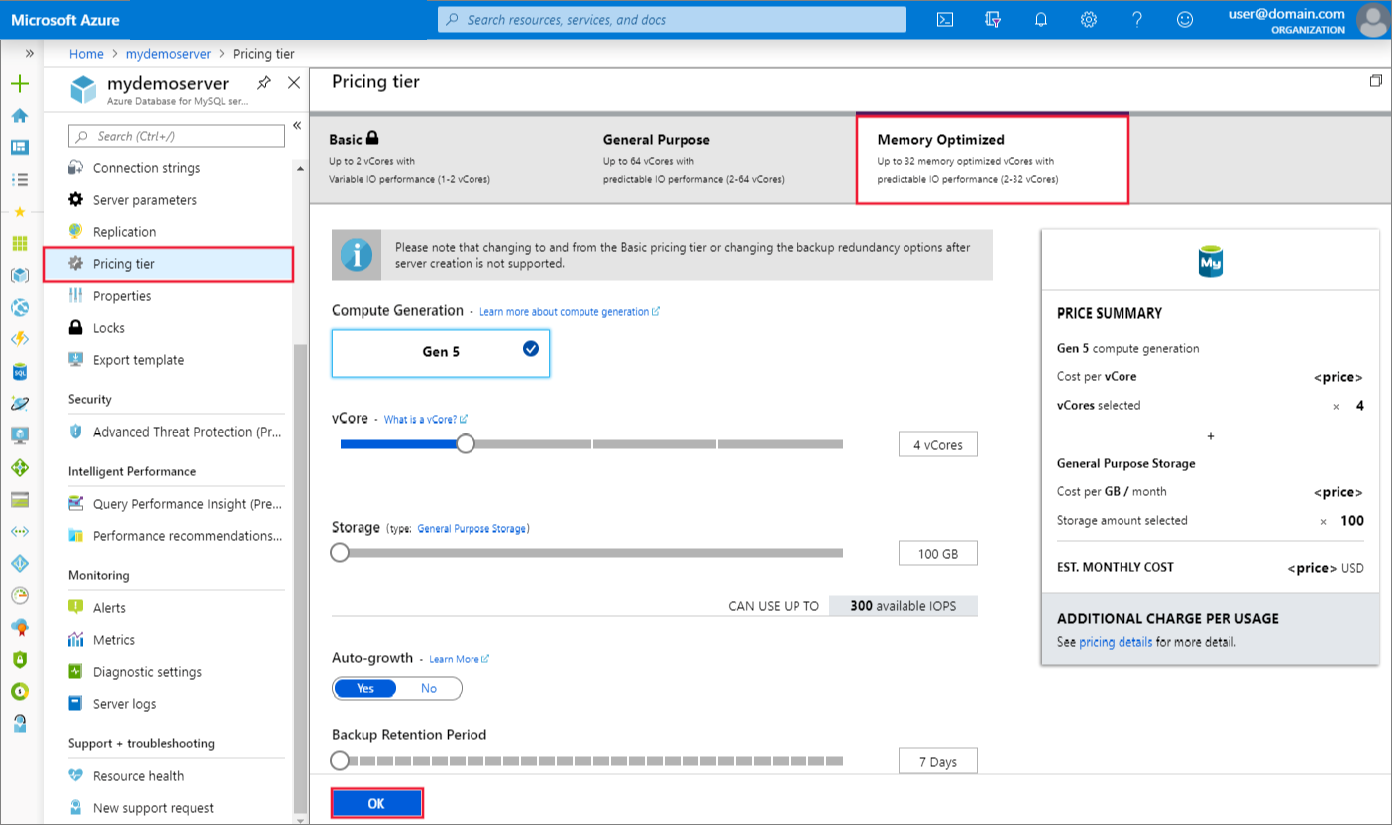 Capture d’écran du Portail Azure pour choisir un niveau De base, Usage général ou À mémoire optimisée dans Azure Database pour MySQL