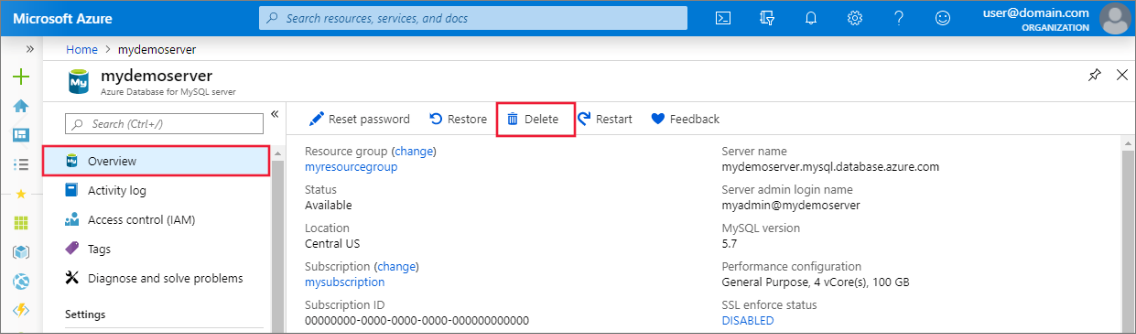 Capture d’écran du Portail Azure pour supprimer le serveur dans Azure Database pour MySQL