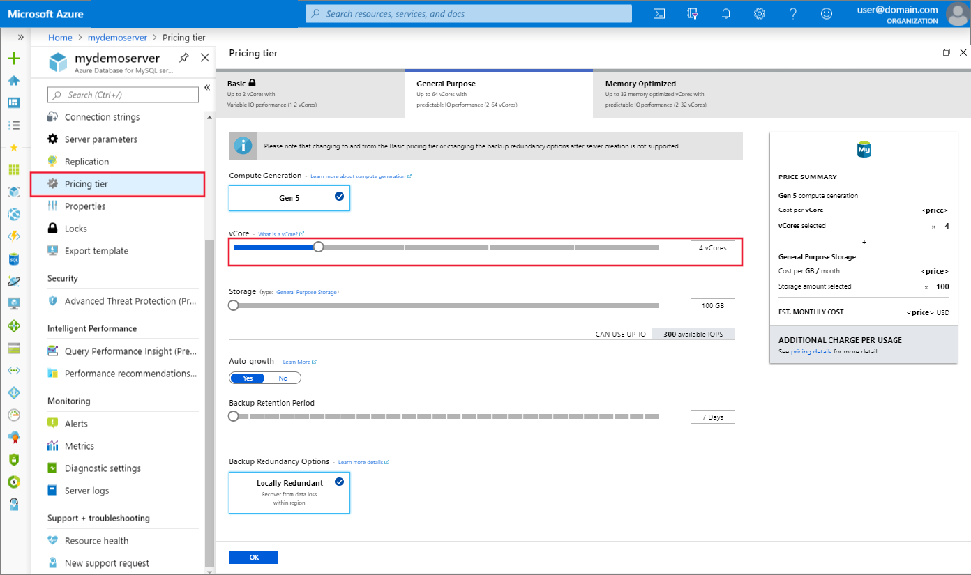 Capture d’écran du Portail Azure pour choisir l’option vCore dans Azure Database pour MySQL