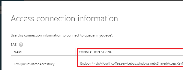 Exemple de chaîne de connexion à la file d'attente SAS