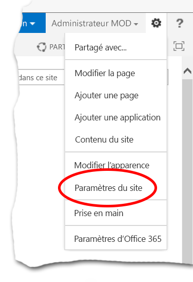 Option Paramètres de site SharePoint Online 