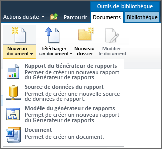 Éléments SSRS du menu Nouveau document de SharePoint