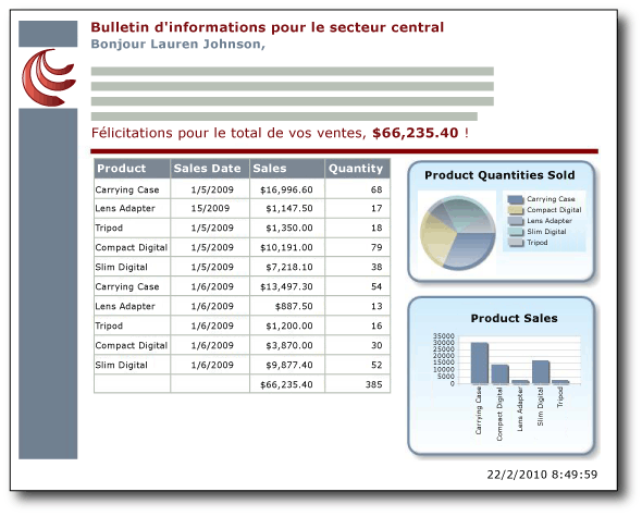 Rapport au format libre avec tableau, graphique et jauge