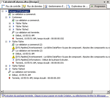 Onglet Progression du Concepteur SSIS