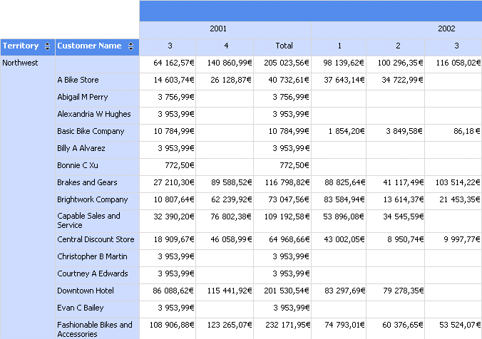 Rapport de matrice rendu avec des colonnes imbriquées.