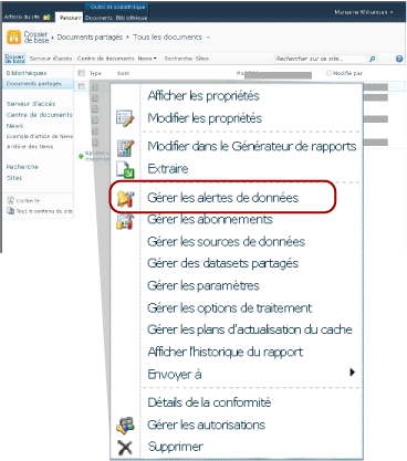 Ouvrir le Gestionnaire d'alertes à partir du menu contextuel du rapport