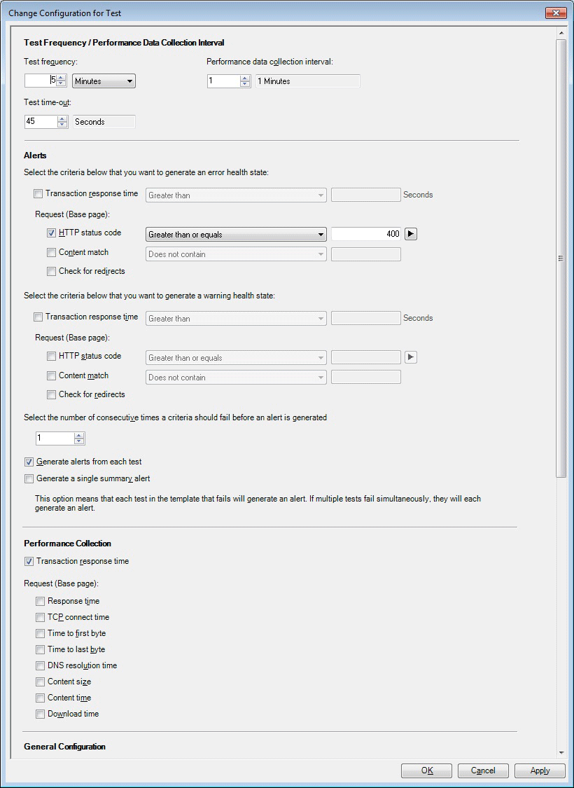 Page Changer la configuration pour Test (haut) 